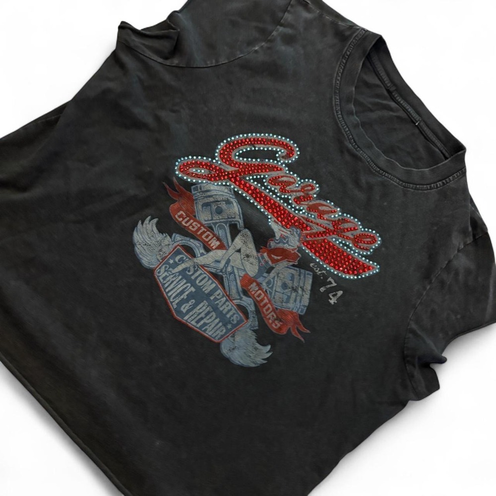 Garage Custom Motors Rhinestone Graphic Tee Black Biker Y2K Size M